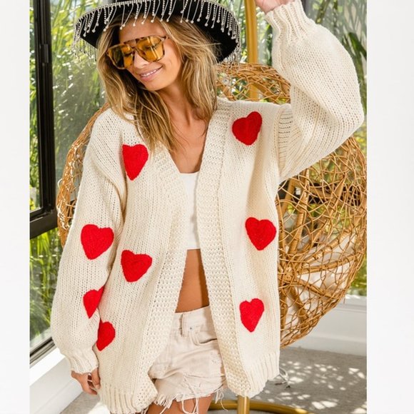 New Heart Embroidered Cardigan Sweater ~ Sweetest Oversized Knit Valentine' Day - Picture 2 of 7